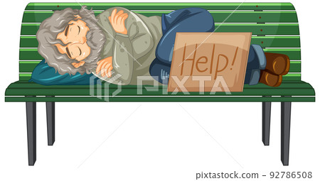 Homeless man sleeping on bench with help sign - Stock Illustration ...