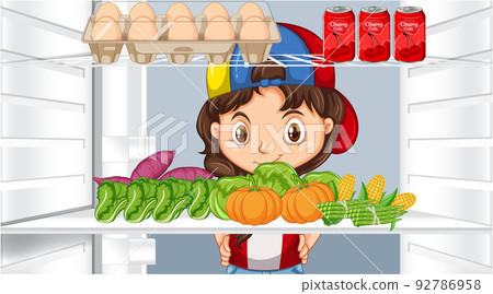 Girl looking at vegetables in fridge Girl looking at vegetables in fridge 92786958