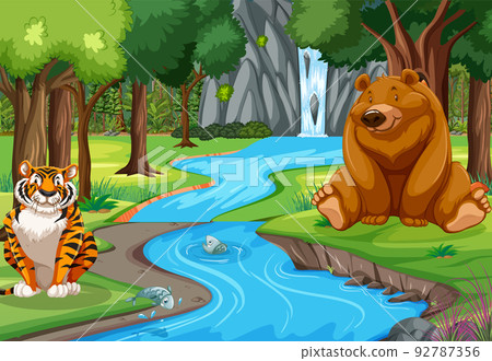 Wild animals cartoon characters in the forest scene 92787356