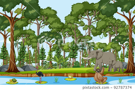 Forest scene with wild animals 92787374