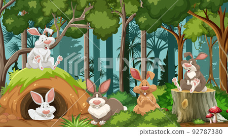 Group of rabbits in nature forest scene 92787380