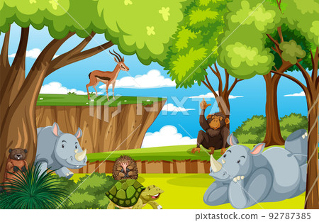 Wild animals in nature forest scene 92787385