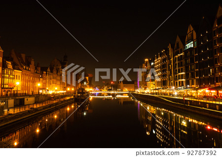 Old town in Gdansk at night. The riverside on Granary Island reflection in Moltawa River Cityscape at twilight. Ancient crane at dusk. Visit Gdansk Poland Travel destination 92787392