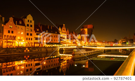 Old town in Gdansk at night. The riverside on Granary Island reflection in Moltawa River Cityscape at twilight. Ancient crane at dusk. Visit Gdansk Poland Travel destination Old town in Gdansk at night. The riverside on Granary Island reflection in Moltawa River Cityscape at twilight. Ancient crane at dusk. Visit Gdansk Poland Travel destination 92787401
