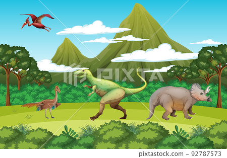 Nature scene with trees on mountains with dinosaur 92787573