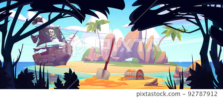 Pirate ship moored on island with treasure chest 92787912