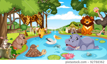 Wild animals cartoon characters in the forest scene 92788362