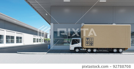 Cargo Truck with big cardboard box package parking in front of the factory 92788708