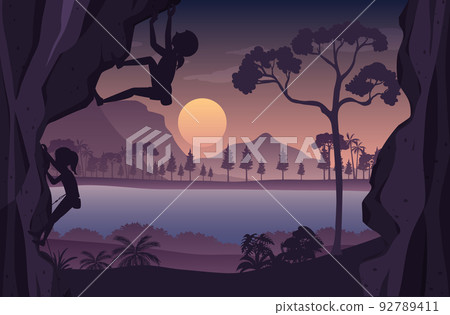 Silhouette rock climbing background Silhouette rock climbing background 92789411