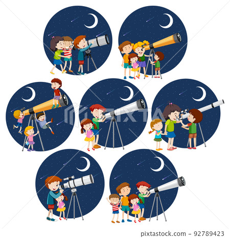 Set of different kids looking through telescope at night 92789423