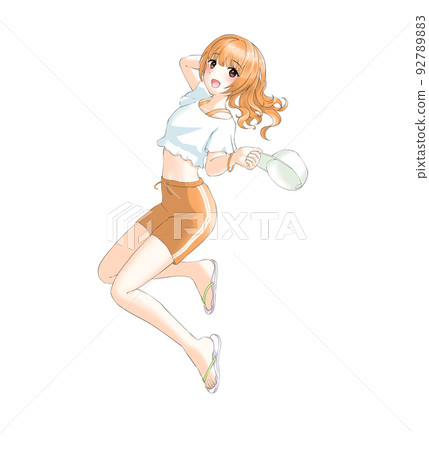 Girl with curly orange hair in sporty summer clothes Girl with curly orange hair in sporty summer clothes 92789883