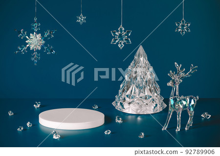 Empty podium stage Christmas decorations on dark blue background 92789906