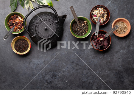 Various dried tea and teapot 92790840