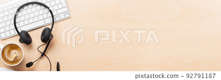 Office desk with headset and pc 92791187