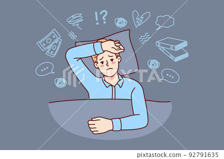 Unhappy man suffer from insomnia overthinking  92791635