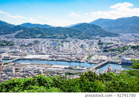 從 2 號國道上的金橋向東北方向眺望。可以看到光洋町、馬自達工廠等。精確圖像 從 2 號國道上的金橋向東北方向眺望。可以看到光洋町、馬自達工廠等。精確圖像 92791780