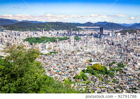 This is the urban landscape of the east side of Hijiyama Park, Hiroshima City. A view of Hijiyama-cho and Danbara-cho to the south from Hiroshima Station. precision image 92791786
