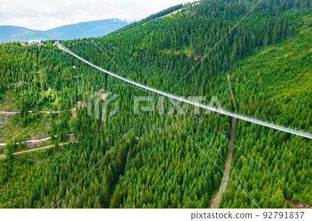 Sky Bridge 721 is the longest suspension bridge between two hills in the forest, Dolni Morava, Czech Republic . One way footbridge in touristic place in the forest in summer. Sky Bridge 721 is the longest suspension bridge between two hills in the forest, Dolni Morava, Czech Republic . One way footbridge in touristic place in the forest in summer. 92791837