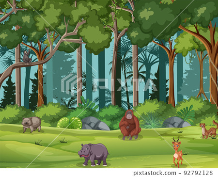 Forest scene with wild animals 92792128