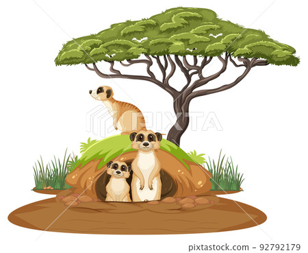 Group of meerkats with burrow in cartoon style Group of meerkats with burrow in cartoon style 92792179