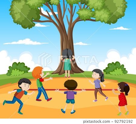 Outdoor scene with children playing game red light green light Outdoor scene with children playing game red light green light 92792192