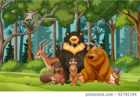 Group of wild animals in nature forest scene Group of wild animals in nature forest scene 92792194