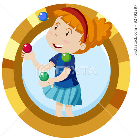 Simple cartoon character of a girl jugling balls 92792297