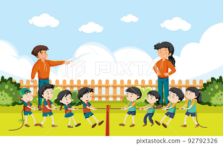 Children playing tug of war game 92792326