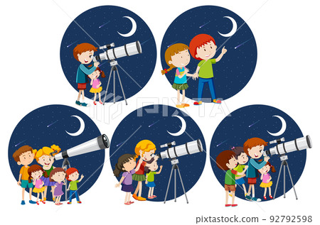 Set of different kids looking through telescope at night 92792598