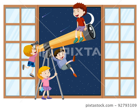 Happy kids observe night sky with telescope 92793109