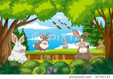 Rabbit family in the forest scene 92793145
