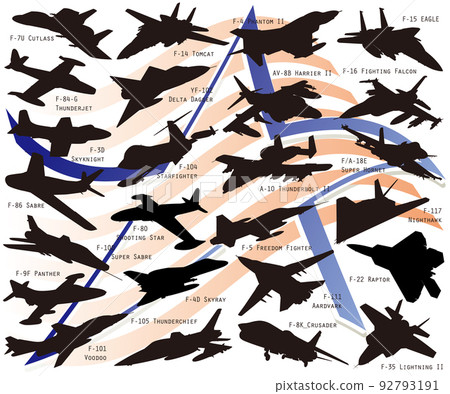 A collection of monochrome silhouettes of 25 major American jet fighters. 92793191