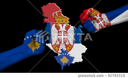 Serbia vs Republic of Kosovo. Two fists with the national flags for the military conflict, in the middle the geographical map of the two countries, on a black background 92793318
