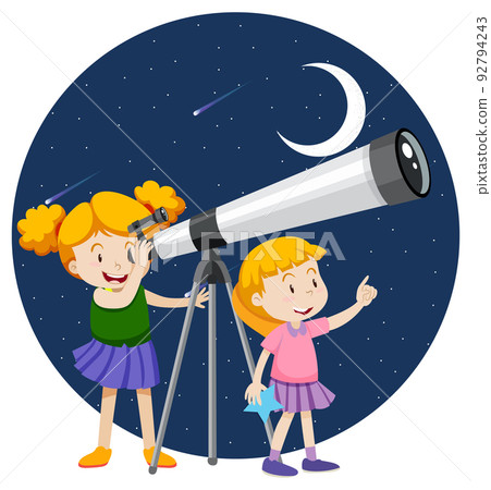 Little girls looking through telescope at night 92794243