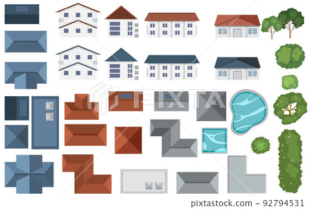Set of aerial view houses and decor element Set of aerial view houses and decor element 92794531