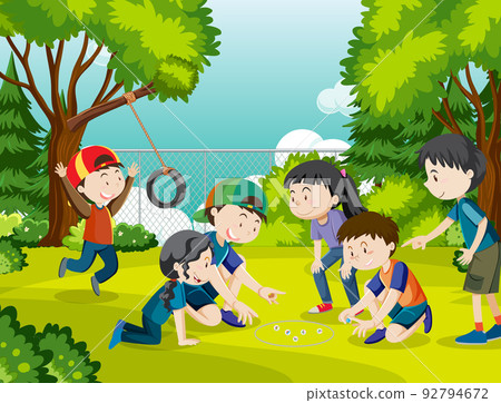 Outdoor park with children playing marbles 92794672