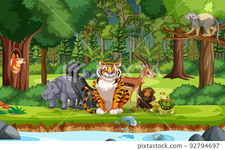 Wild animals cartoon characters in the forest scene 92794697