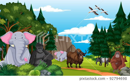 Forest scene with wild animals cartoon characters 92794698