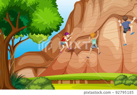 Outdoor scene with rock climber on cliff 92795185