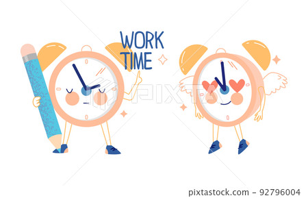 Funny Clock Character with Pencil Working and Fluttering Feeling Love Vector Set Funny Clock Character with Pencil Working and Fluttering Feeling Love Vector Set 92796004