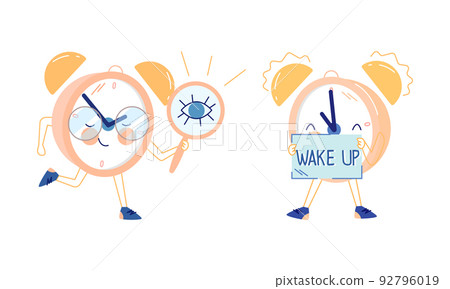 Funny Clock Character in Glasses Running with Magnifying Glass and Waking Up Vector Set Funny Clock Character in Glasses Running with Magnifying Glass and Waking Up Vector Set 92796019