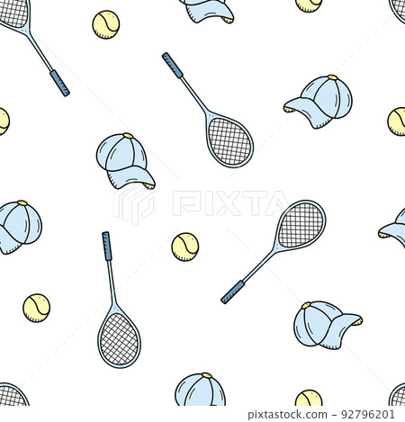 Seamless pattern of tennis rackets and ball. Vector illustration of sports equipment background, healthy and active lifestyle concept Seamless pattern of tennis rackets and ball. Vector illustration of sports equipment background, healthy and active lifestyle concept 92796201