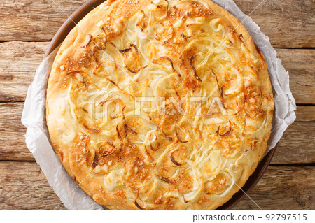 Fugazzeta Pizza An Argentinian Classic Food closeup in the plate. Horizontal top view 92797515