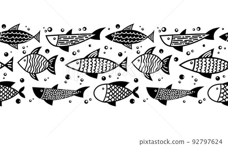 Doodle Fish seamless Pattern. Hand drawn Border with marine Salmon in outline style. Textured background Doodle Fish seamless Pattern. Hand drawn Border with marine Salmon in outline style. Textured background 92797624