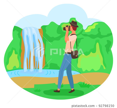 Photographer Taking Picture of Waterfall Vector Photographer Taking Picture of Waterfall Vector 92798150