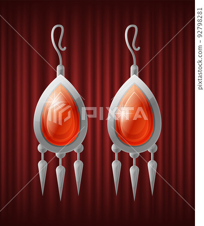 Vintage Silver Earrings with Red Gemstone Vector 92798281