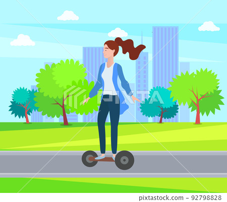 Woman Riding Segway in Green City Park with Trees Woman Riding Segway in Green City Park with Trees 92798828