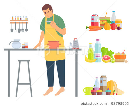 Hobby of Man, Male Cooking Food in Kitchen Vector 92798905
