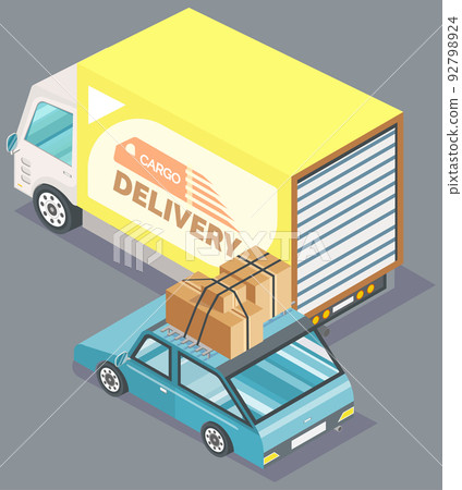 Cargo Delivery Truck and Car with Boxes Vector 92798924