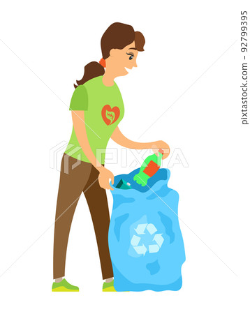 Volunteer Holding Bottle and Bag, Trash Vector Volunteer Holding Bottle and Bag, Trash Vector 92799395
